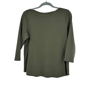 Chico’s 2 (12) Olive Green Cotton Boat Neck 3/4 Sleeve The Ultimate Tee Shirt